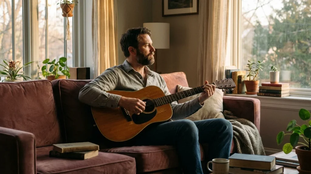 An introverted man relaxing at home by playing an acoustic guitar in the evening