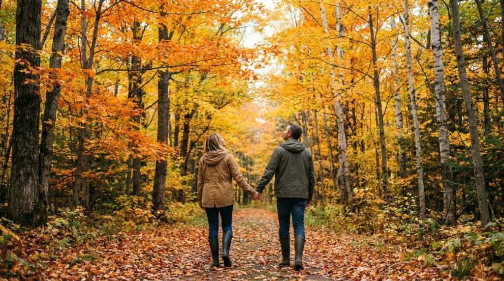 A couple walking hand-in-hand on a peaceful outdoor nature trail