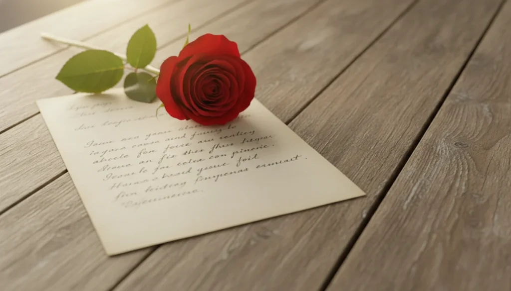 Handwritten anniversary love letter with a red rose