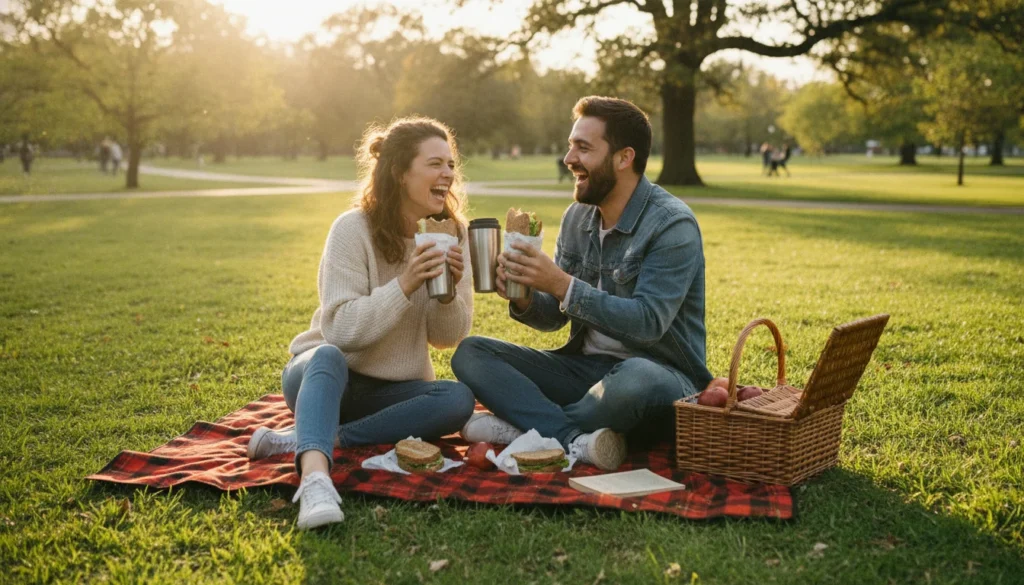 Couple having a cheap and romantic sunset picnic in the park