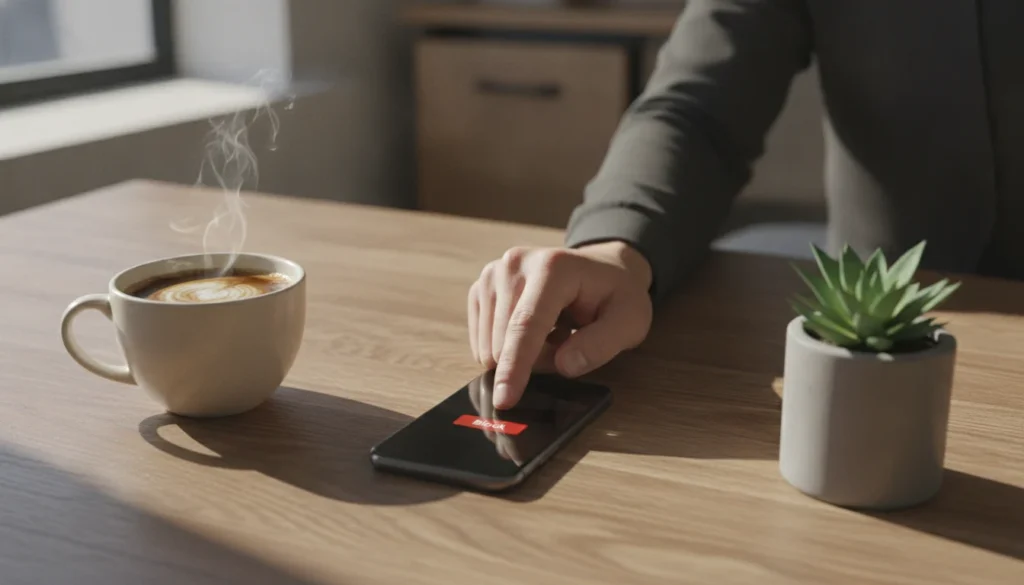 Hand pressing the block button on a smartphone screen.