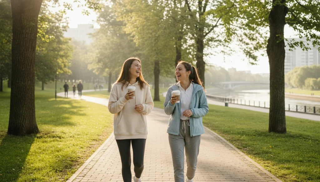 Two friends laughing and walking in a sunny park with coffee.
