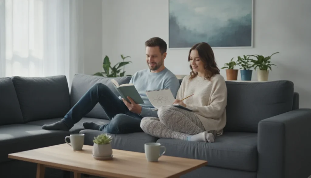 A couple demonstrating interdependence by enjoying separate hobbies in the same room.