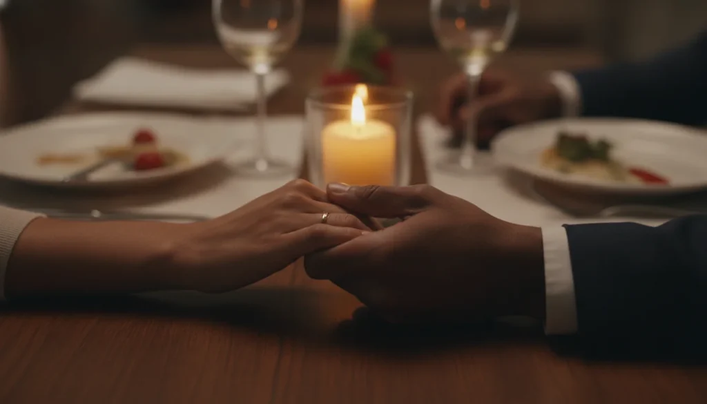 A couple holding hands with a simple gold promise ring visible on the right hand.