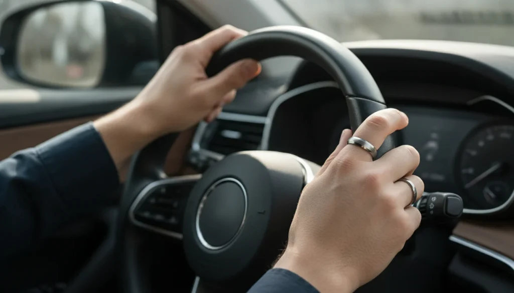 A man's hand wearing a dark tungsten promise ring on the steering wheel.