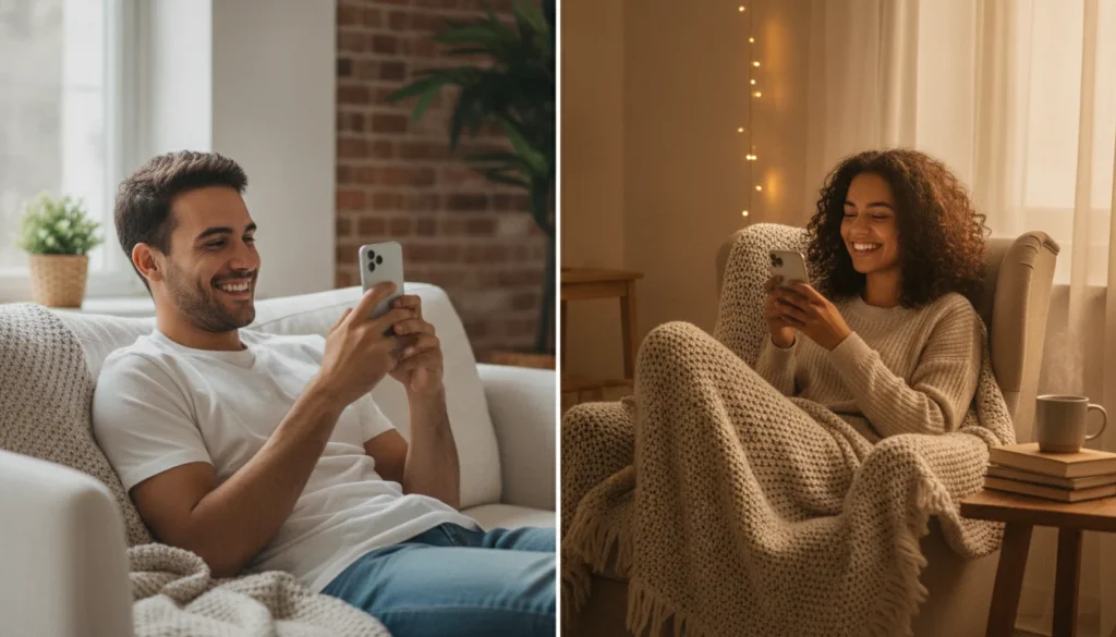 Two people smiling at their phones in separate locations