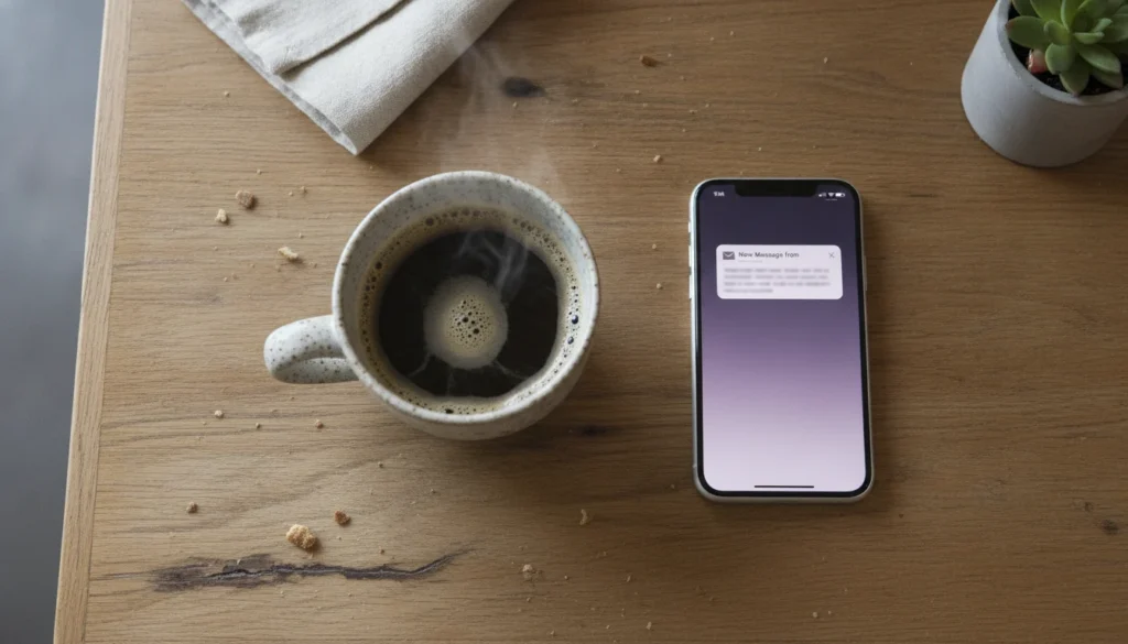 Smartphone resting on a cafe table next to a warm cup of coffee