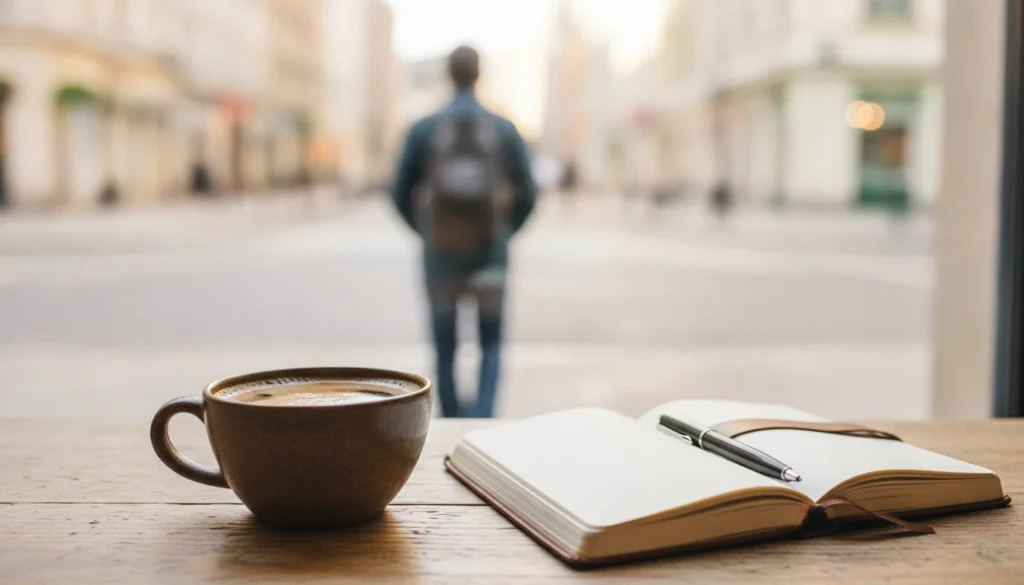 Coffee cup and journal on a table with a man walking away in the background