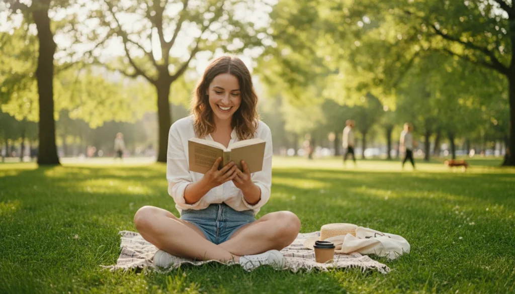 Confident woman enjoying reading a book alone in a sunny park