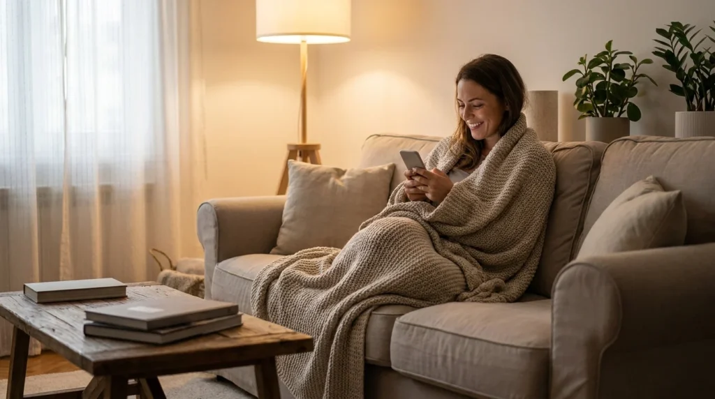 A person comfortably wrapped in a blanket on a sofa, smiling while using a smartphone