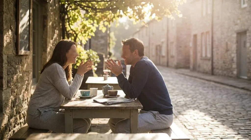 Two people sitting at a quiet outdoor cafe having a deep and relaxed conversation