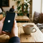 A smartphone showing a dating app heart icon resting next to a cup of tea on a wooden cafe table