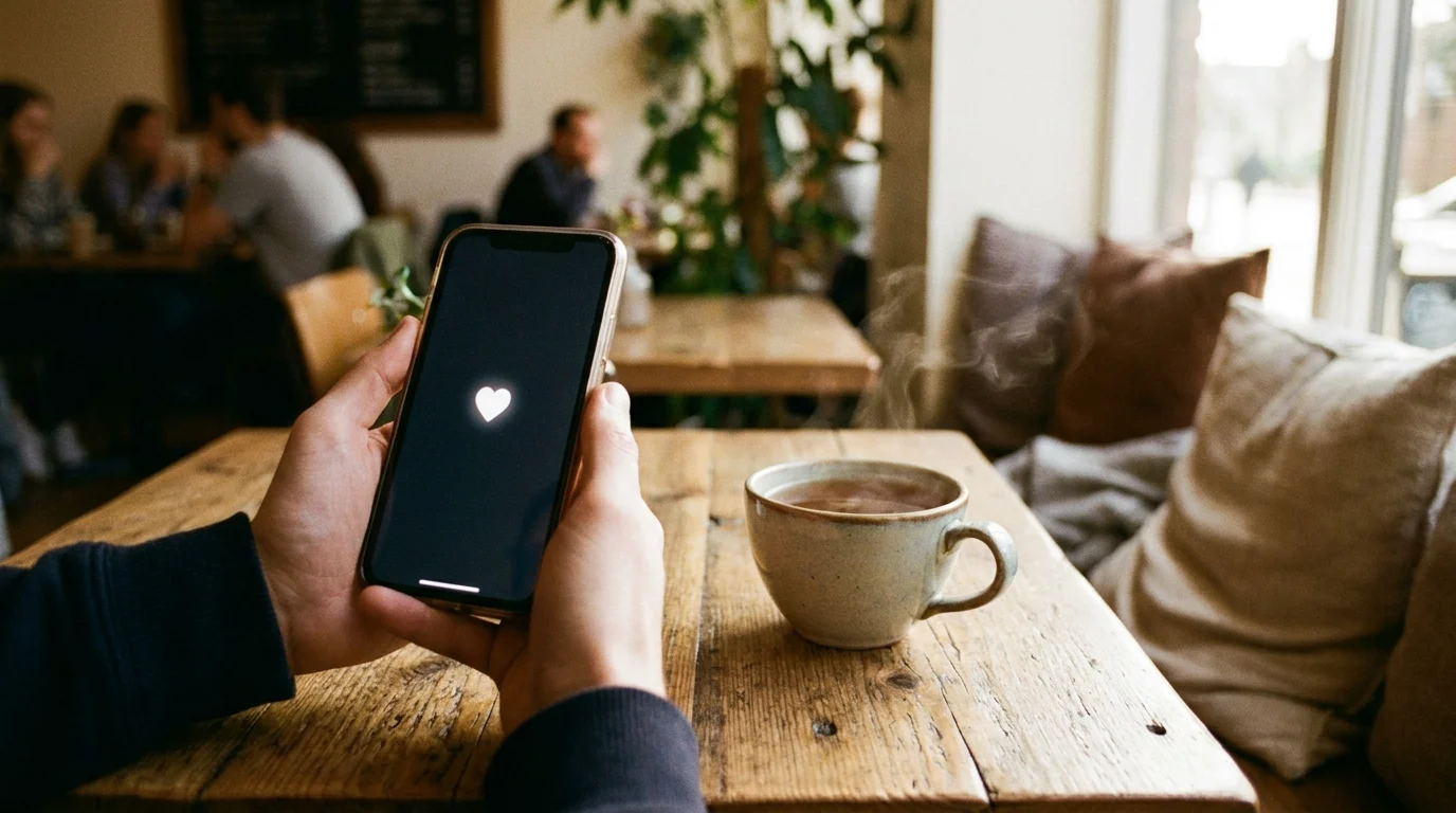 A smartphone showing a dating app heart icon resting next to a cup of tea on a wooden cafe table