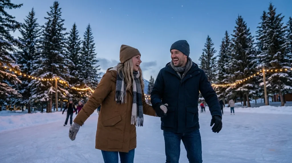 A couple laughing while ice skating on an outdoor rink at dusk.