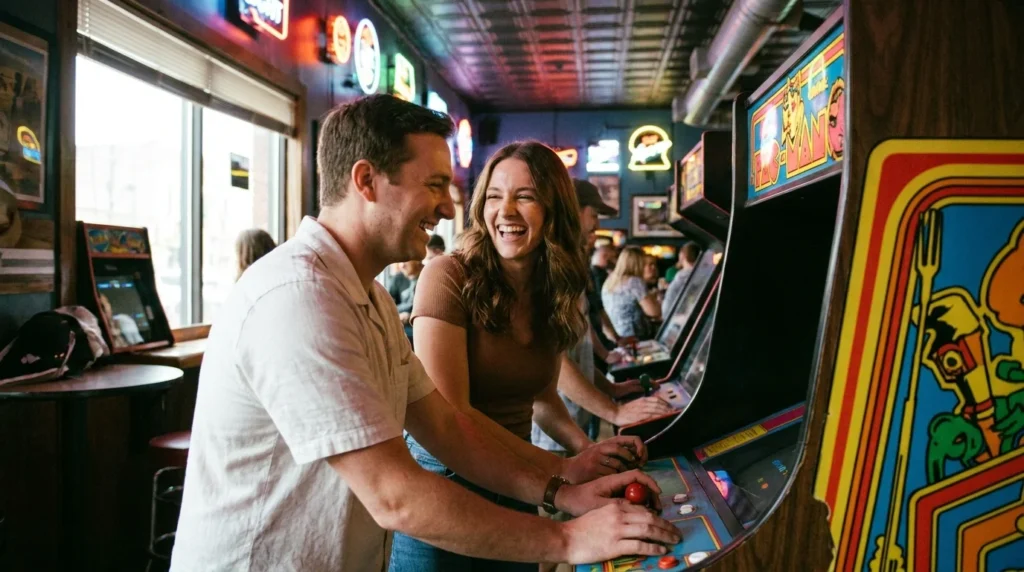 Two people smiling and playing games at a neon-lit arcade bar.