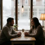 A couple enjoying hot drinks in a cozy winter cafe.