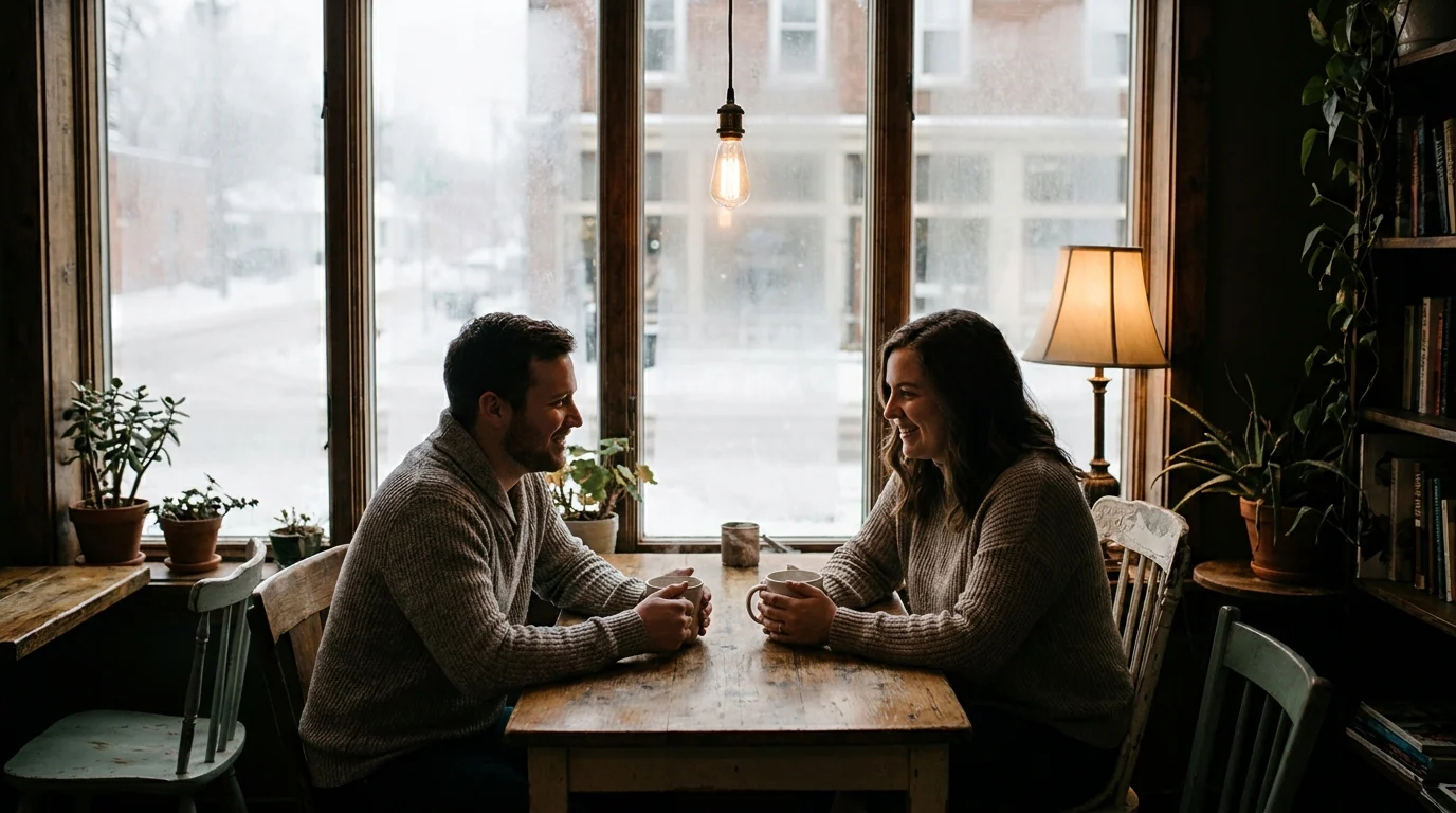 A couple enjoying hot drinks in a cozy winter cafe.