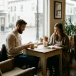 A man and woman smiling at each other while reading books at a quiet coffee shop