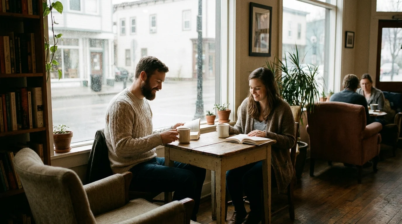 A man and woman smiling at each other while reading books at a quiet coffee shop