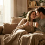 A happy couple communicating and smiling on a couch with coffee.