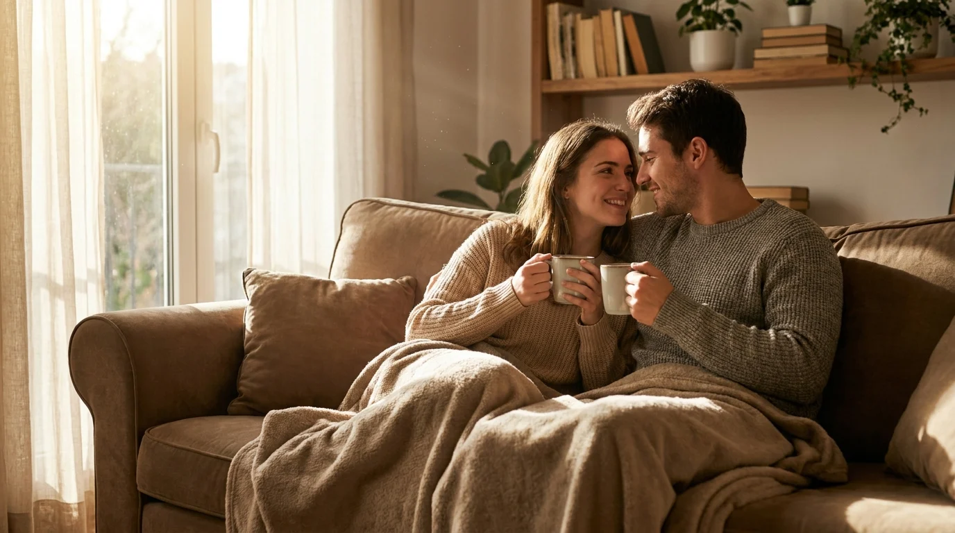 A happy couple communicating and smiling on a couch with coffee.