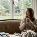 Woman sitting by a window holding a coffee mug, looking thoughtful and reflective.