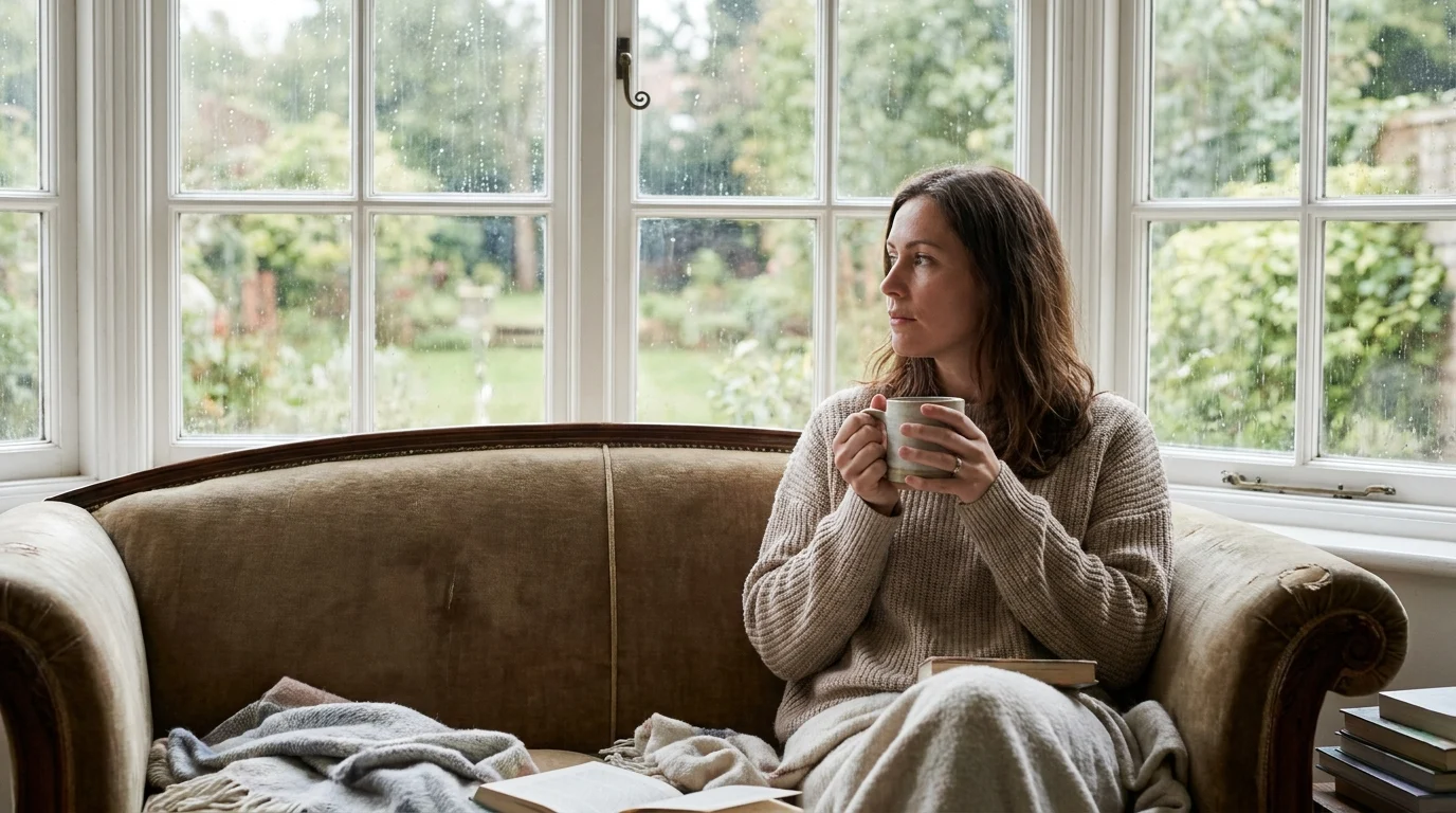 Woman sitting by a window holding a coffee mug, looking thoughtful and reflective.