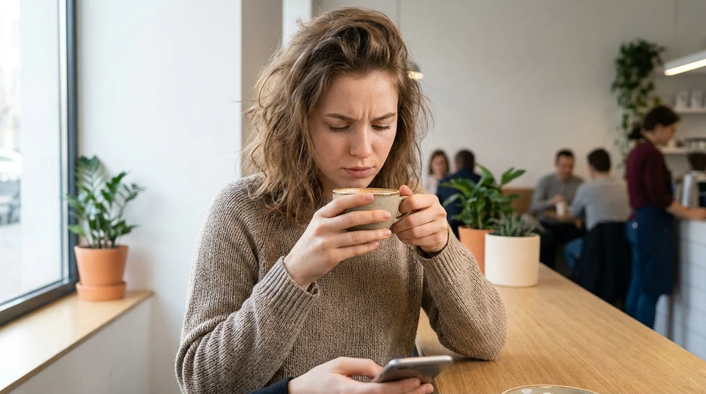 A young woman looking thoughtfully at her phone at a cafe