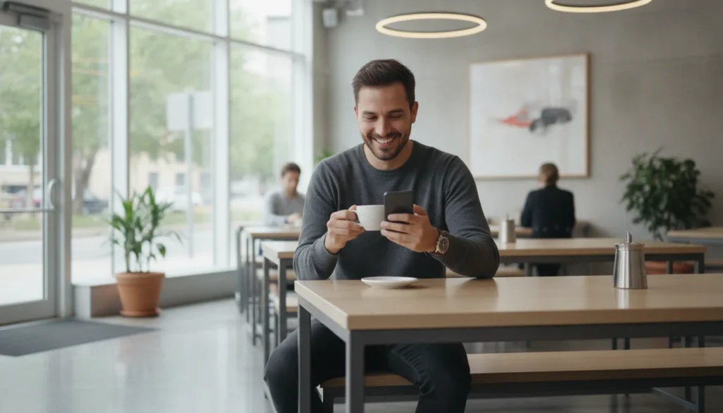 Single dad smiling at his phone while having coffee at a cafe