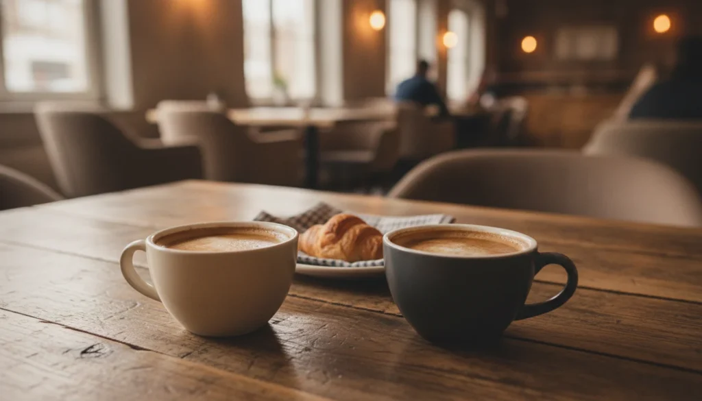 Two coffee cups on a wooden table representing a casual first date