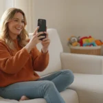 Smiling single mother looking at a dating app on her phone on the couch