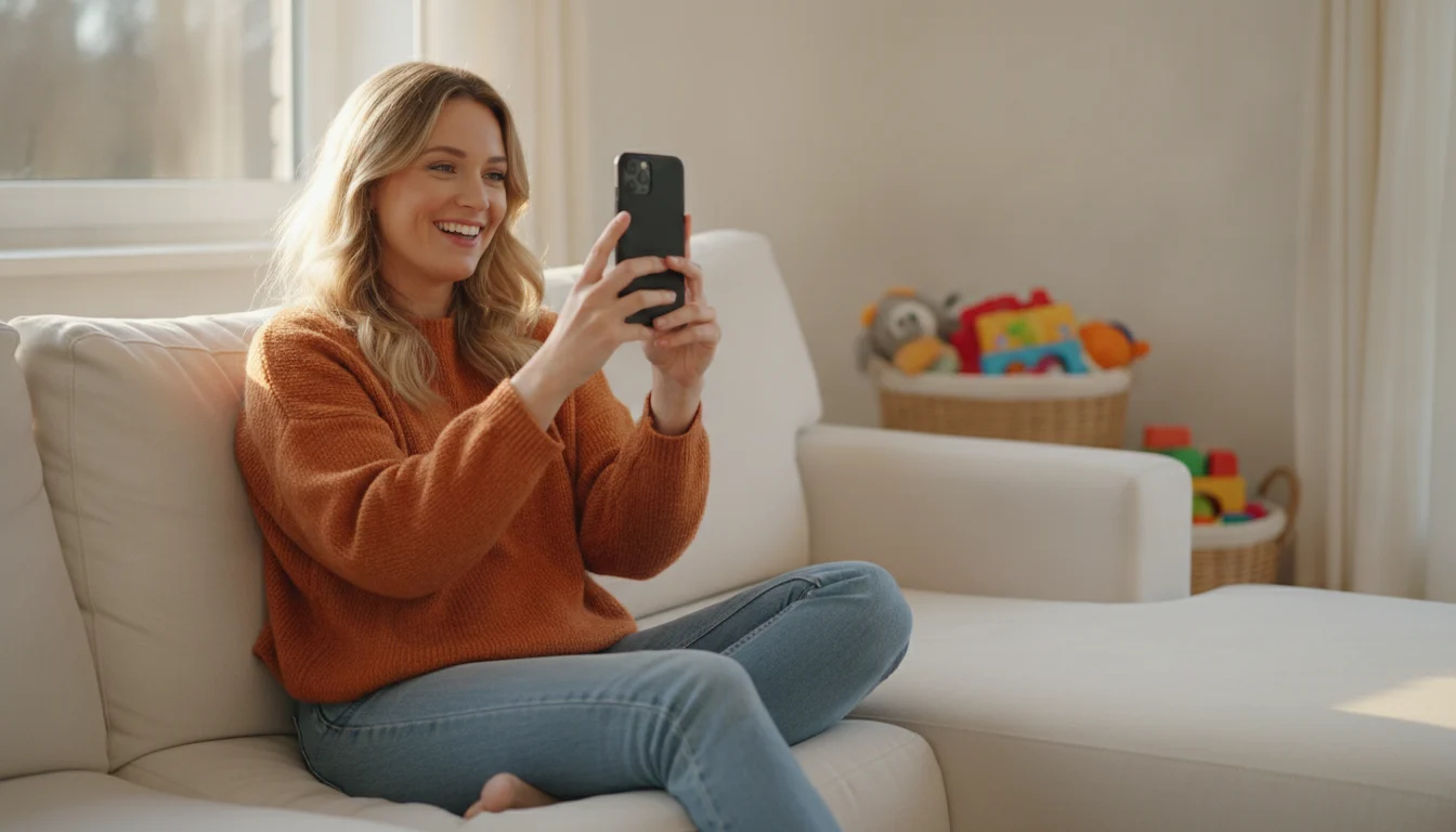 Smiling single mother looking at a dating app on her phone on the couch