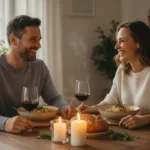 Couple enjoying a budget-friendly candlelit dinner at home