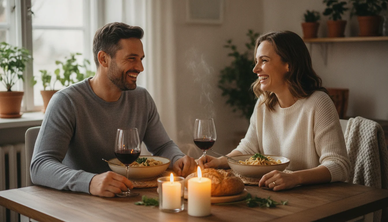 Couple enjoying a budget-friendly candlelit dinner at home
