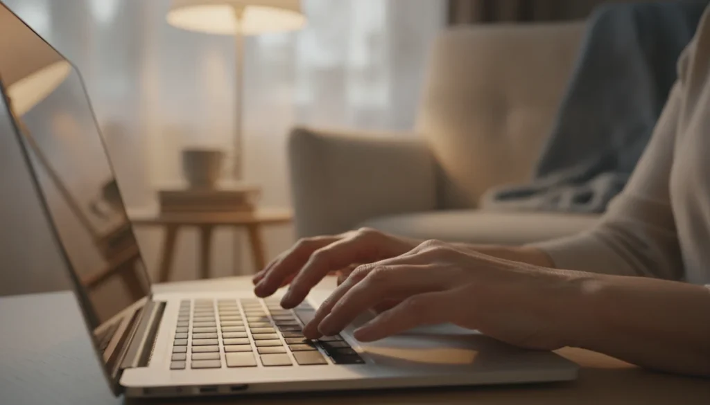 A mature woman typing on her laptop computer at home.