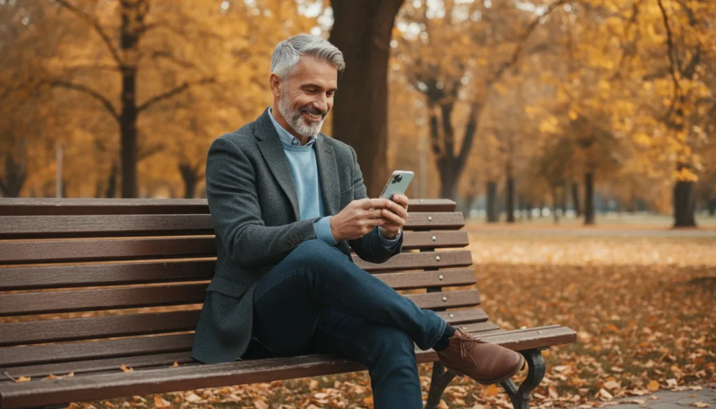 A mature man smiling at his smartphone while sitting on a park bench.