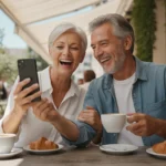 A mature couple laughing together at an outdoor cafe on a sunny day.