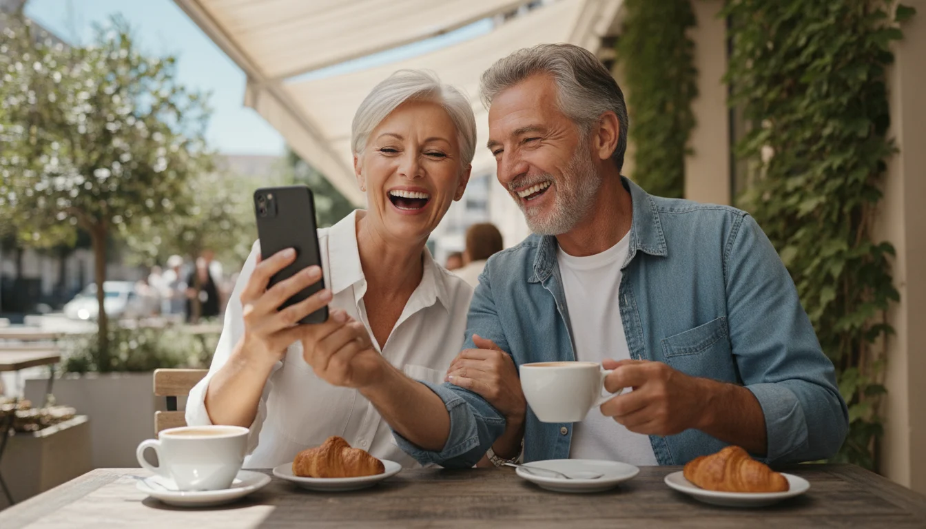 A mature couple laughing together at an outdoor cafe on a sunny day.