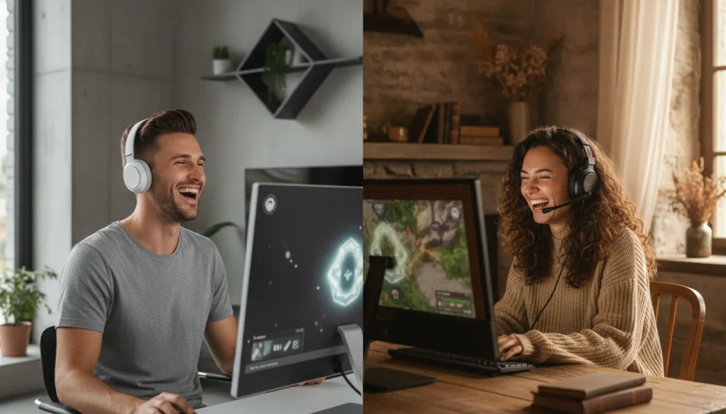 Split screen of a couple laughing while playing video games online.