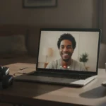 A cozy desk setup with a laptop showing a video call and two game controllers.