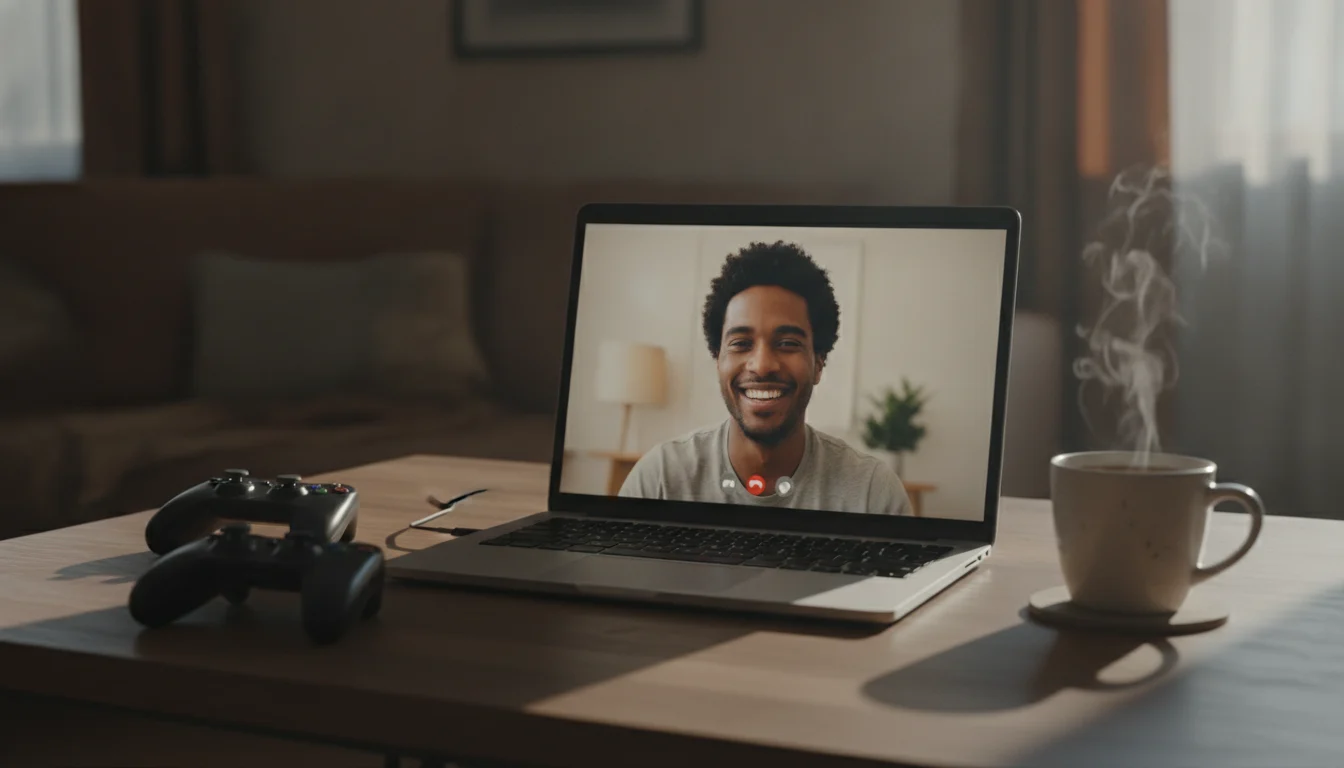 A cozy desk setup with a laptop showing a video call and two game controllers.