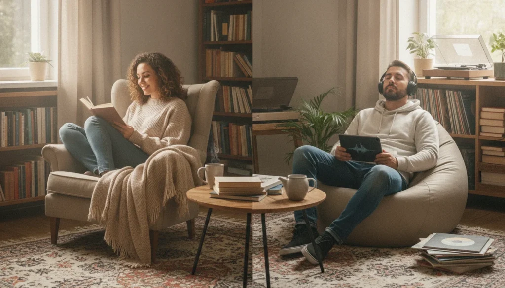 Couple peacefully engaging in separate activities in a shared room