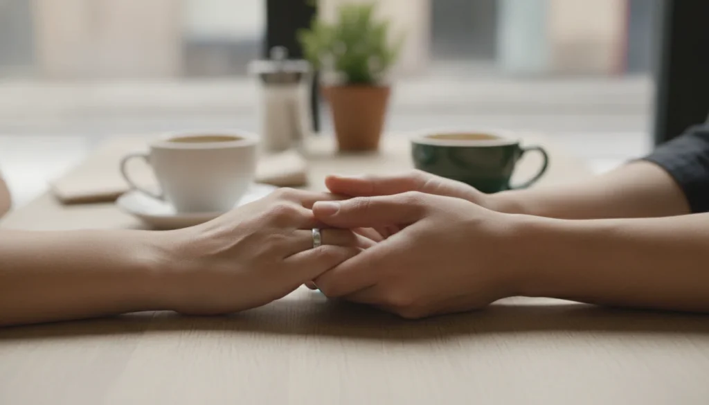 Close up of two people holding hands across a cafe table