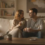 Couple sitting on a sofa smiling and talking respectfully over coffee
