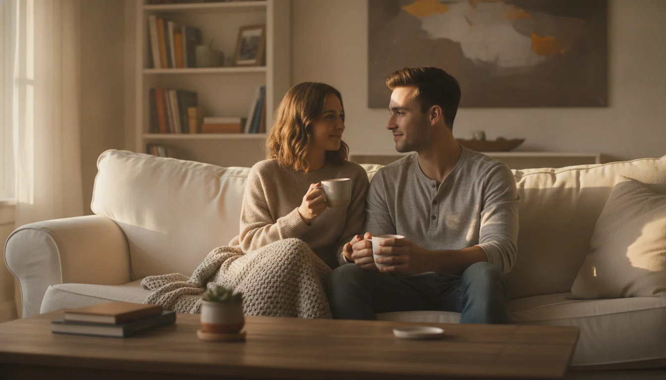 Couple sitting on a sofa smiling and talking respectfully over coffee