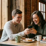 Couple laughing on a coffee shop date while looking at a smartphone