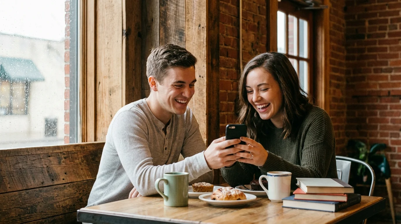 Couple laughing on a coffee shop date while looking at a smartphone