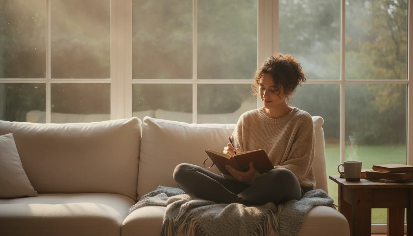 A person writing in a journal by a sunny window.