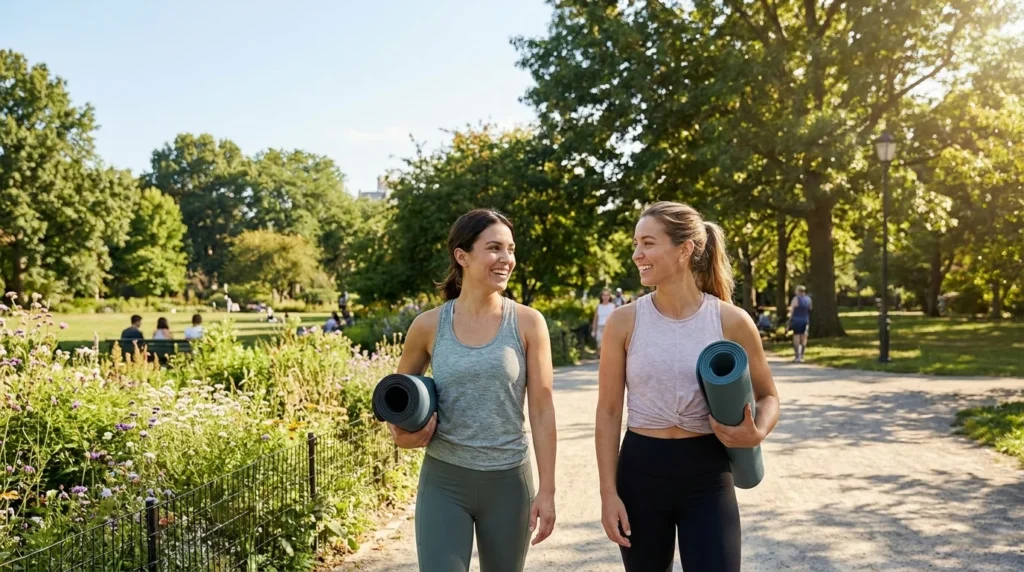 Two friends smiling and walking through a sunny park with yoga mats