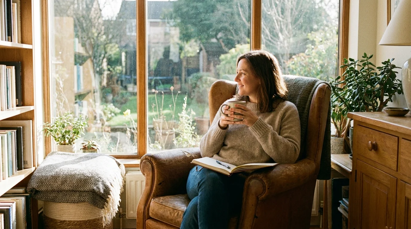 A person peacefully journaling by a sunny window with a cup of tea